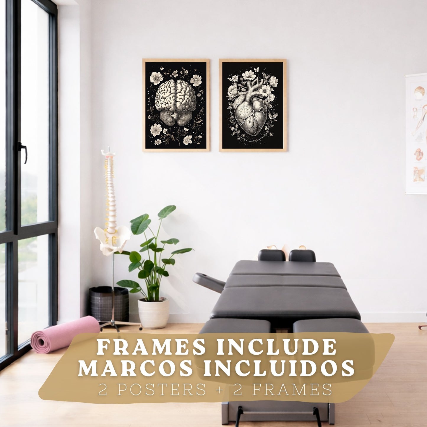 Set 2 Posters y Cuadros de Anatomía Humana Láminas con Cerebro y Corazón Diseño Monocromo Floral Fondo Negro Decoración Moderna