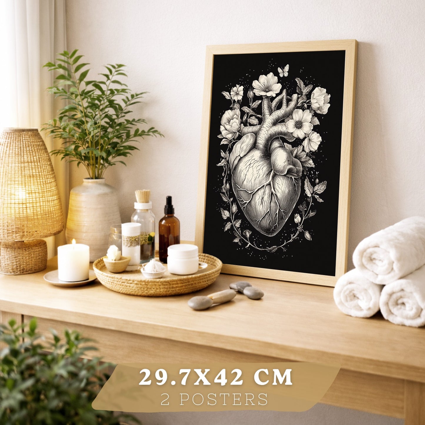 Set 2 Posters y Cuadros de Anatomía Humana Láminas con Cerebro y Corazón Diseño Monocromo Floral Fondo Negro Decoración Moderna
