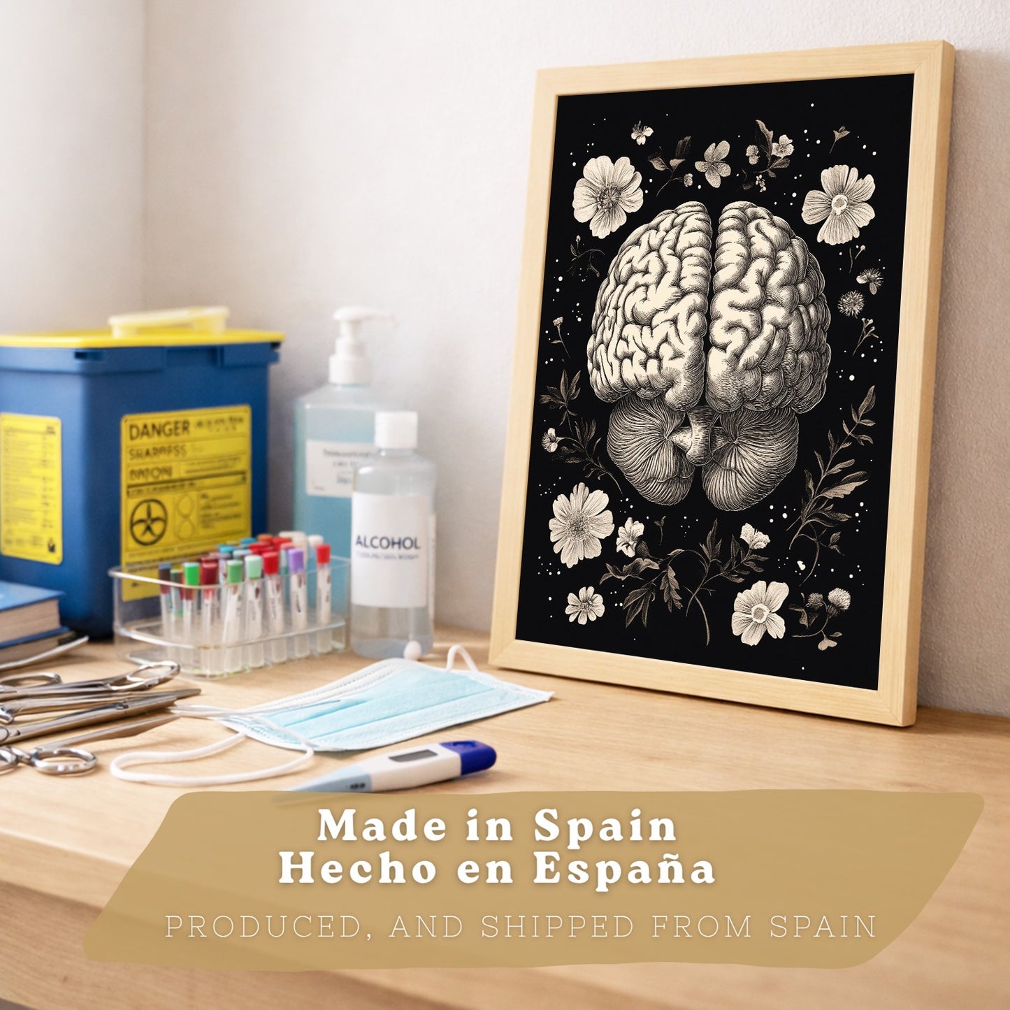 Set 2 Posters y Cuadros de Anatomía Humana Láminas con Cerebro y Corazón Diseño Monocromo Floral Fondo Negro Decoración Moderna