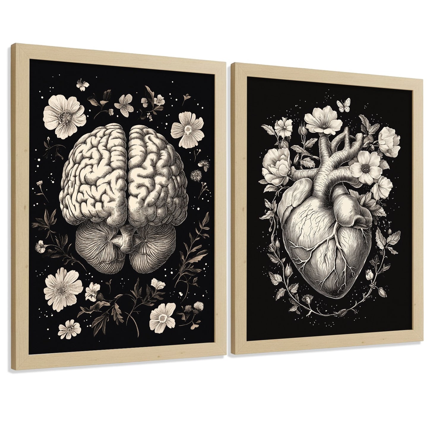 Set 2 Posters y Cuadros de Anatomía Humana Láminas con Cerebro y Corazón Diseño Monocromo Floral Fondo Negro Decoración Moderna