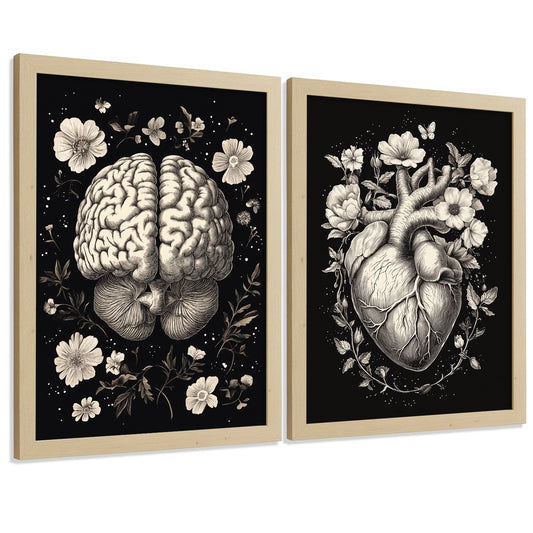 Set 2 Posters y Cuadros de Anatomía Humana Láminas con Cerebro y Corazón Diseño Monocromo Floral Fondo Negro Decoración Moderna