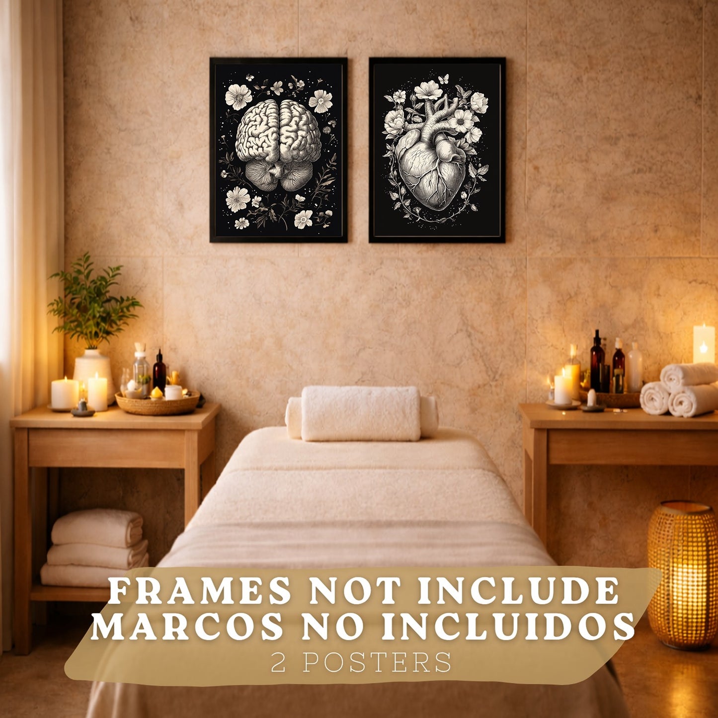 Set 2 Posters y Cuadros de Anatomía Humana Láminas con Cerebro y Corazón Diseño Monocromo Floral Fondo Negro Decoración Moderna