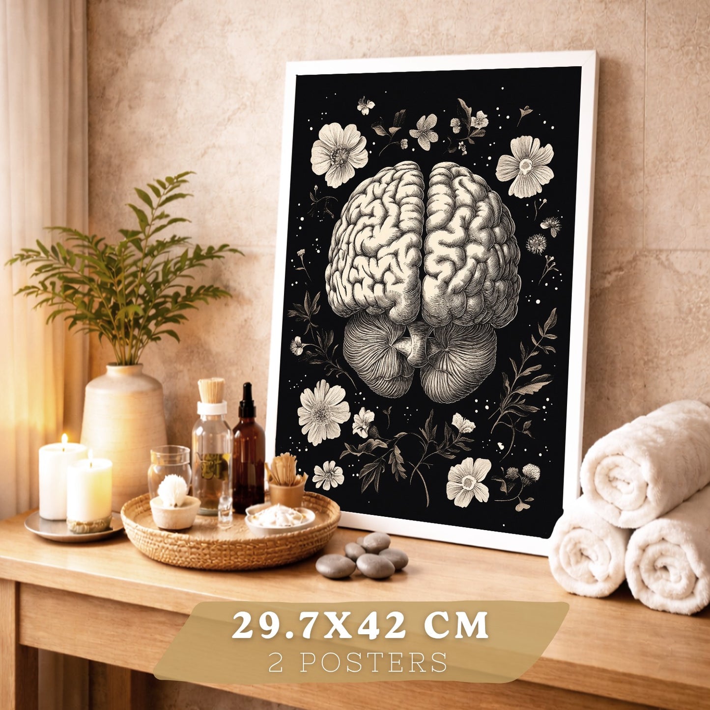 Set 2 Posters y Cuadros de Anatomía Humana Láminas con Cerebro y Corazón Diseño Monocromo Floral Fondo Negro Decoración Moderna