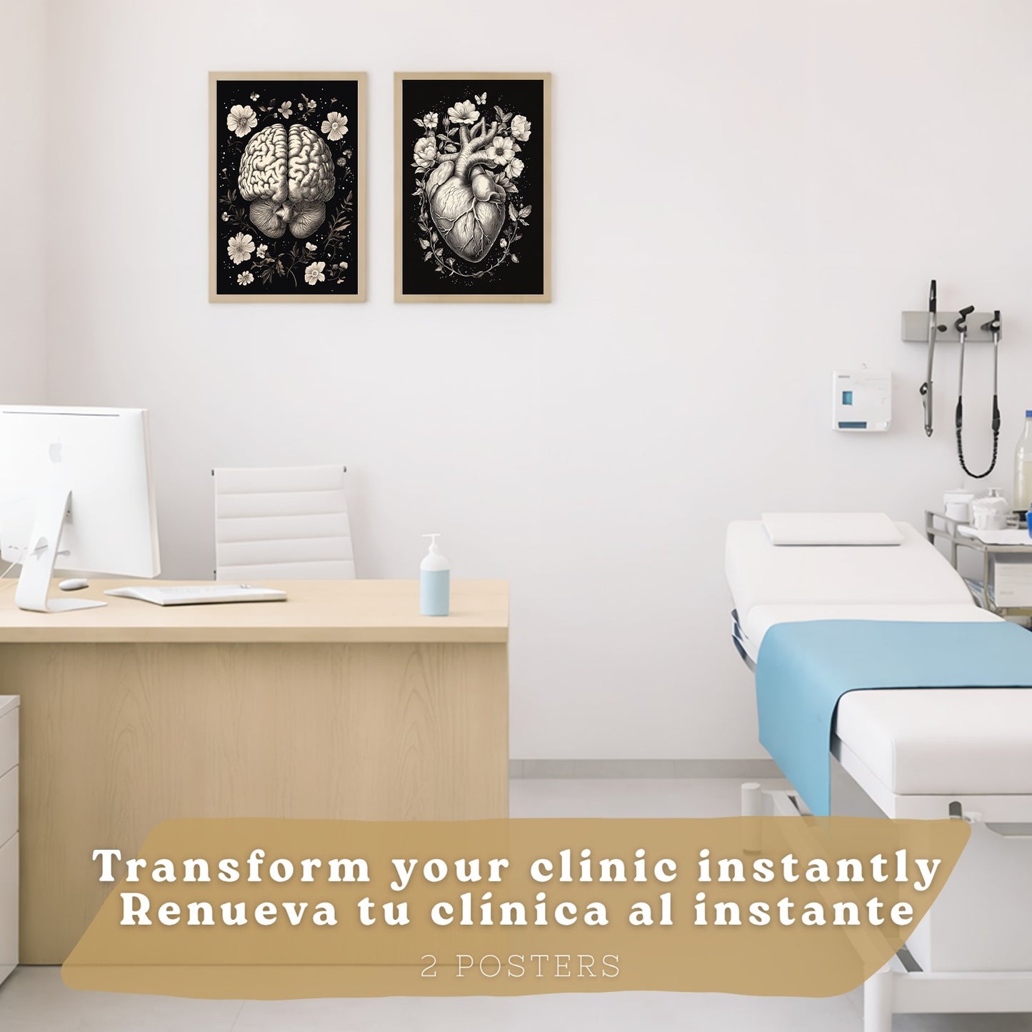 Set 2 Posters y Cuadros de Anatomía Humana Láminas con Cerebro y Corazón Diseño Monocromo Floral Fondo Negro Decoración Moderna