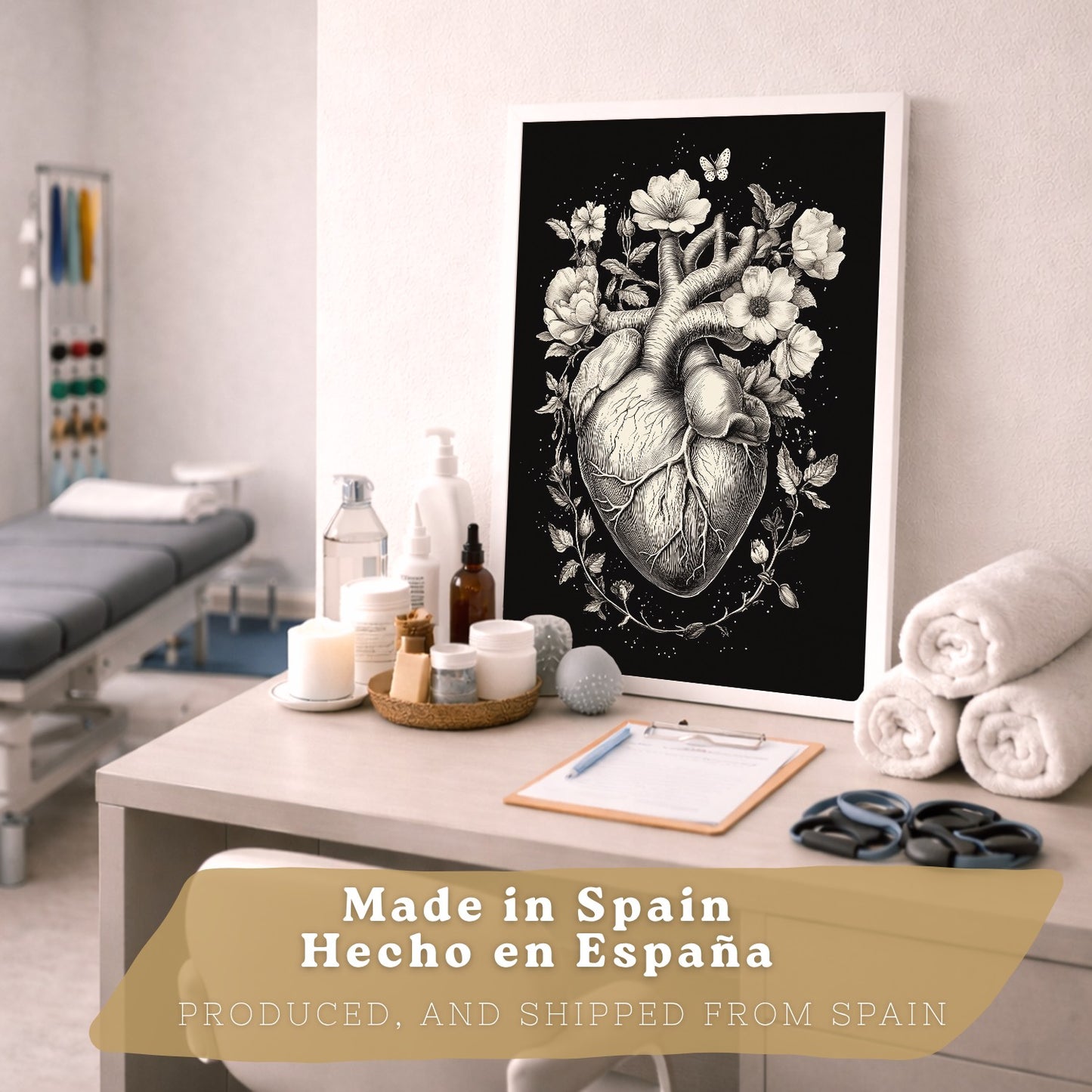 Set 2 Posters y Cuadros de Anatomía Humana Láminas con Cerebro y Corazón Diseño Monocromo Floral Fondo Negro Decoración Moderna