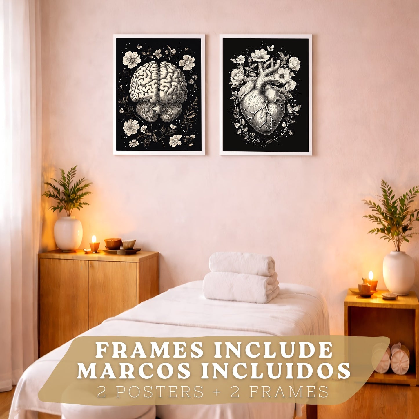 Set 2 Posters y Cuadros de Anatomía Humana Láminas con Cerebro y Corazón Diseño Monocromo Floral Fondo Negro Decoración Moderna