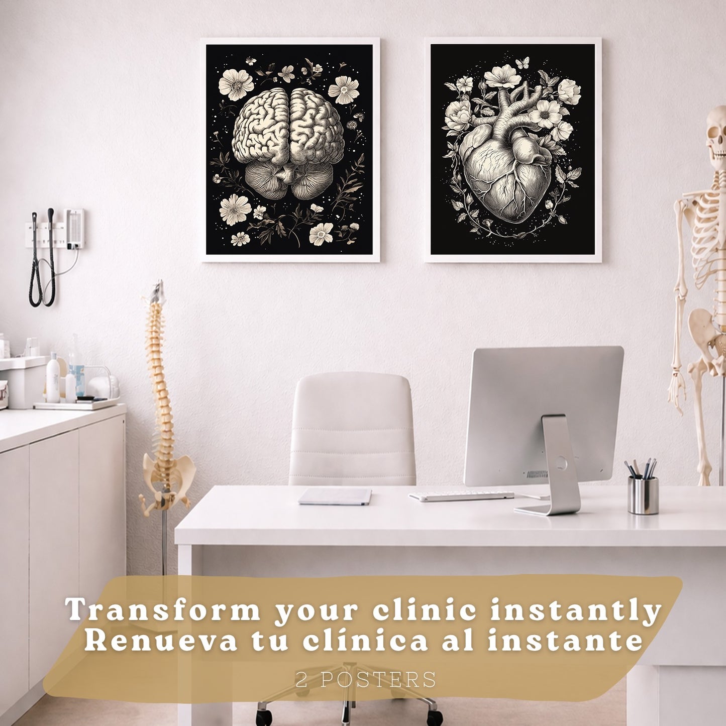 Set 2 Posters y Cuadros de Anatomía Humana Láminas con Cerebro y Corazón Diseño Monocromo Floral Fondo Negro Decoración Moderna