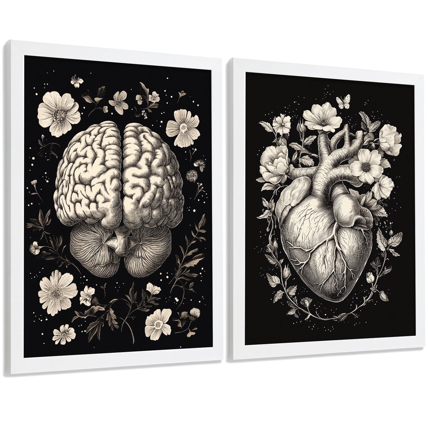 Set 2 Posters y Cuadros de Anatomía Humana Láminas con Cerebro y Corazón Diseño Monocromo Floral Fondo Negro Decoración Moderna