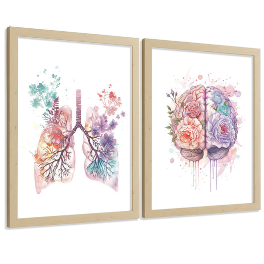 Set 2 Láminas de Anatomía Humana Posters y Cuadros con Pulmones Tráquea Bronquios y Cerebro Diseño Acuarela Floral Colores Pastel Decoración Moderna