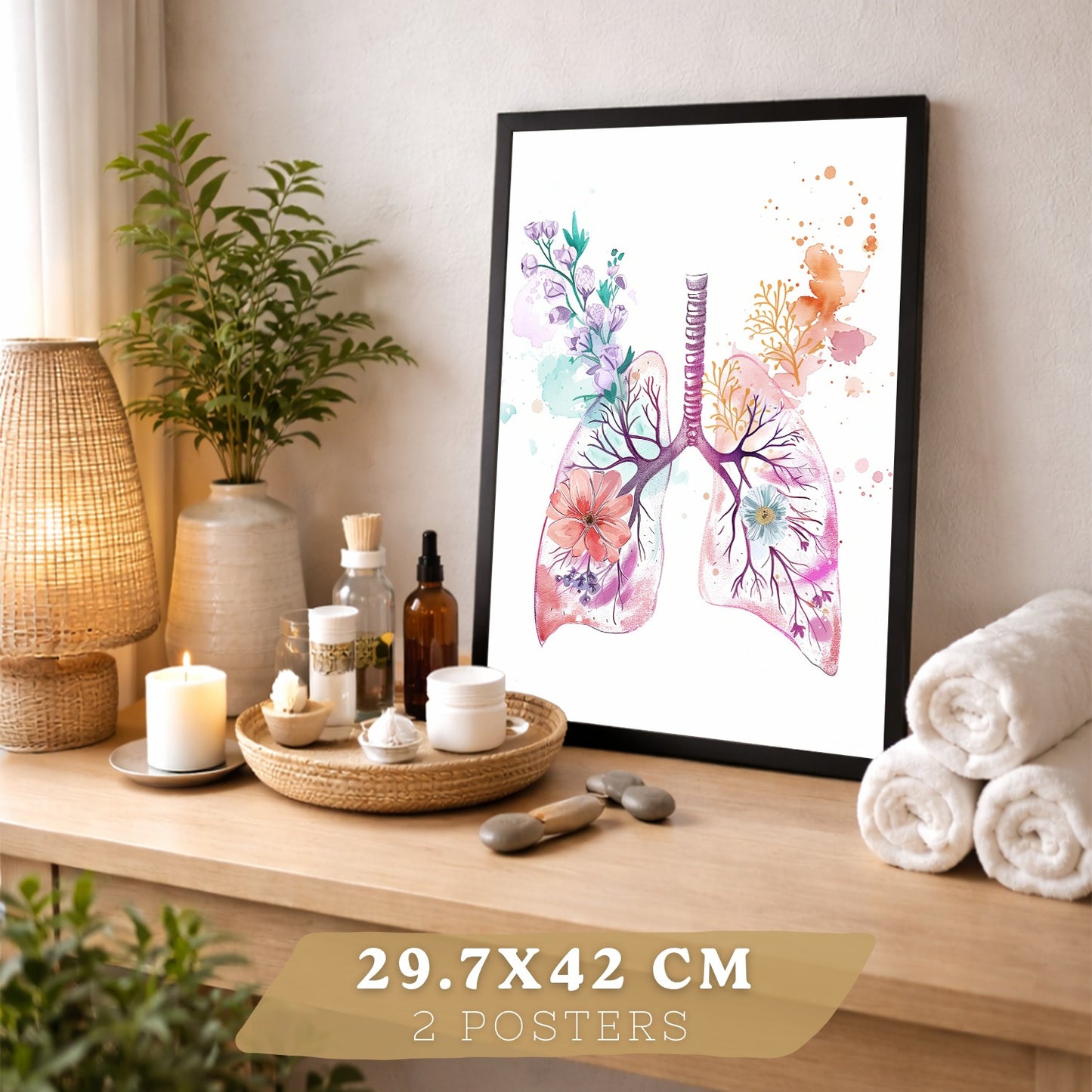 Set 2 Cuadros de Anatomía Humana Láminas con Corazón y Sistema Respiratorio Estilo Moderno Floral