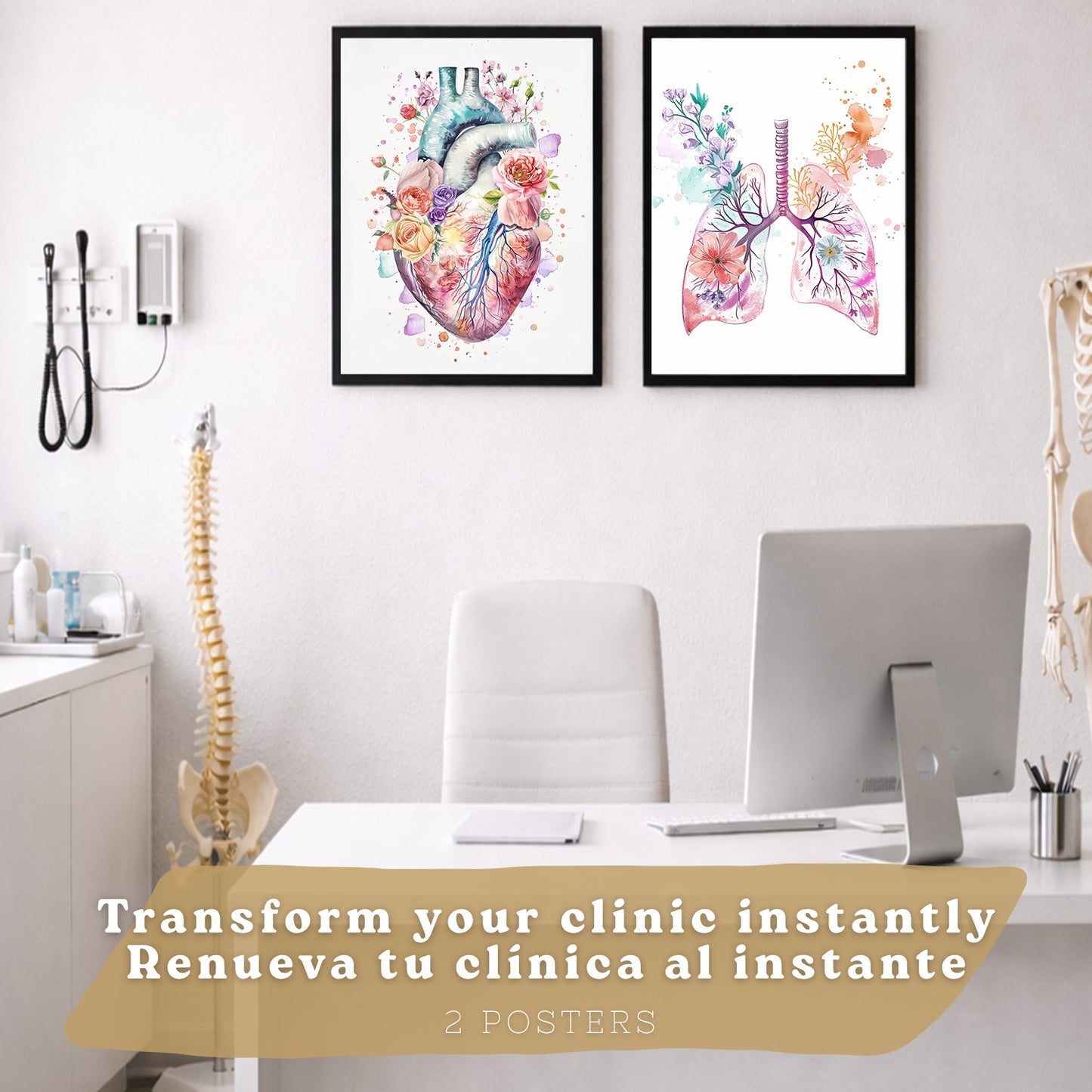 Set 2 Cuadros de Anatomía Humana Láminas con Corazón y Sistema Respiratorio Estilo Moderno Floral