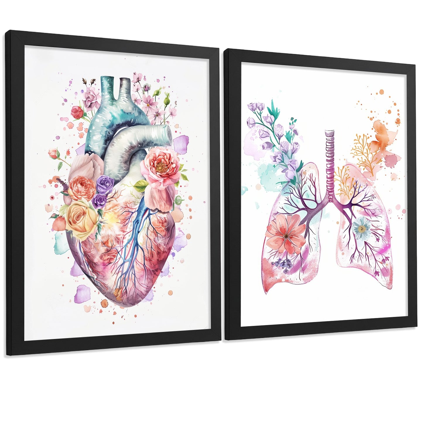 Set 2 Cuadros de Anatomía Humana Láminas con Corazón y Sistema Respiratorio Estilo Moderno Floral
