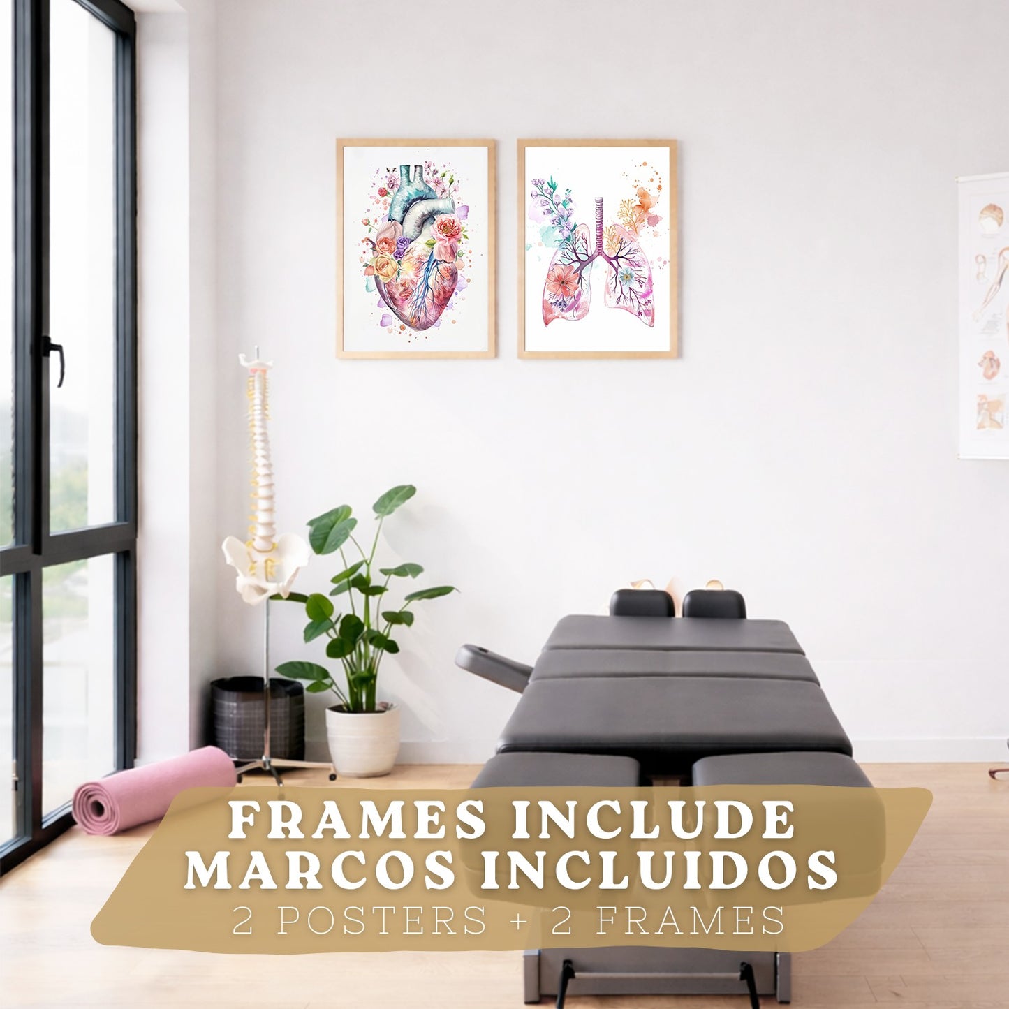 Set 2 Cuadros de Anatomía Humana Láminas con Corazón y Sistema Respiratorio Estilo Moderno Floral