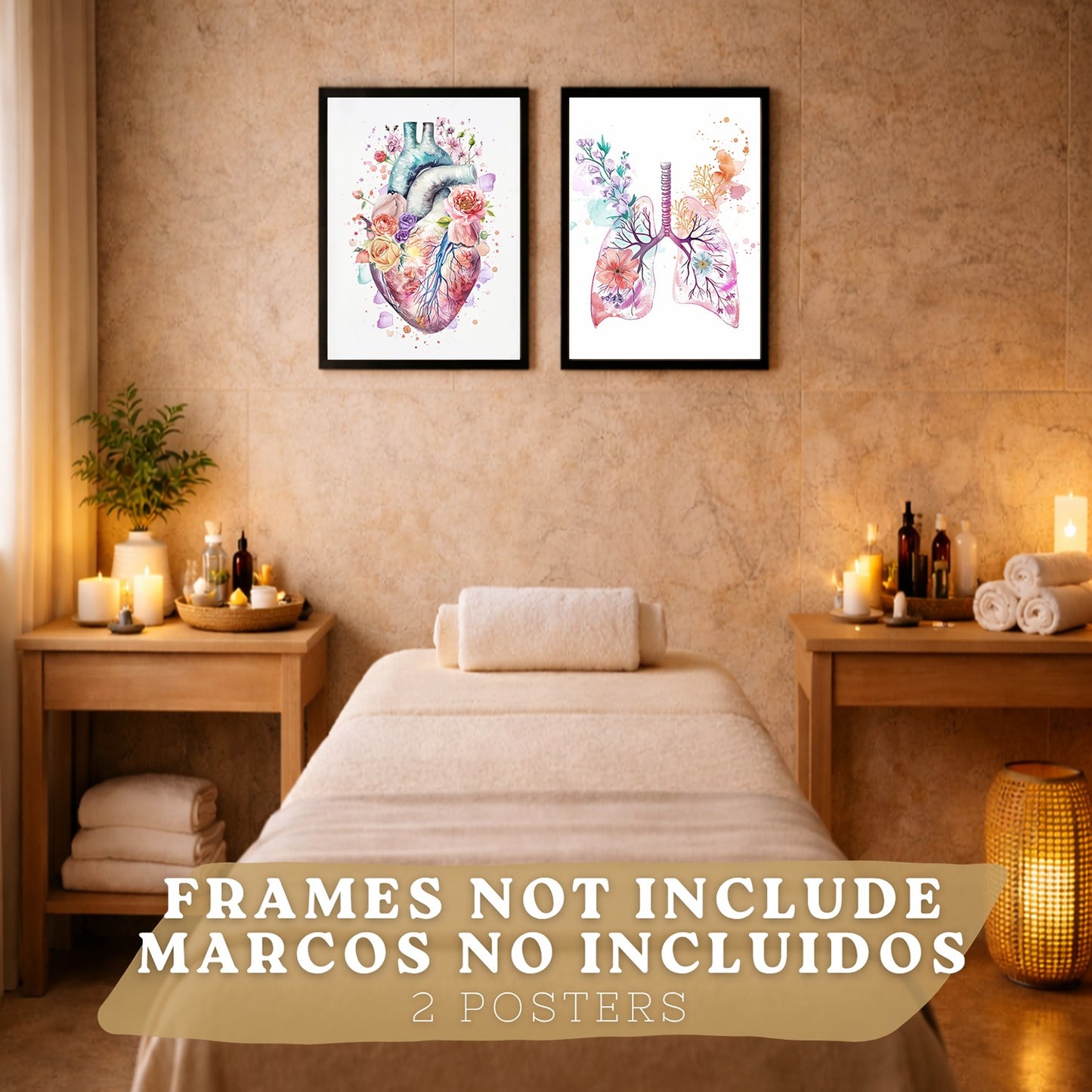 Set 2 Cuadros de Anatomía Humana Láminas con Corazón y Sistema Respiratorio Estilo Moderno Floral
