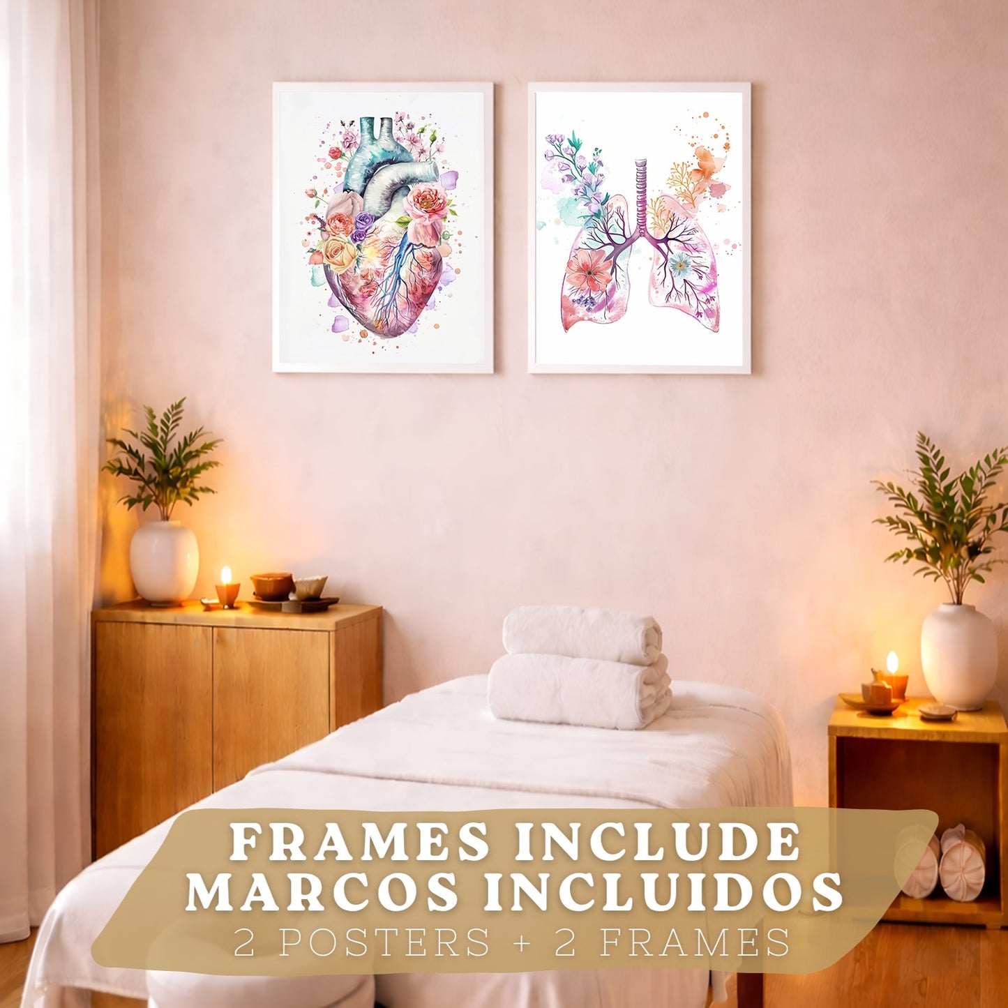 Set 2 Cuadros de Anatomía Humana Láminas con Corazón y Sistema Respiratorio Estilo Moderno Floral