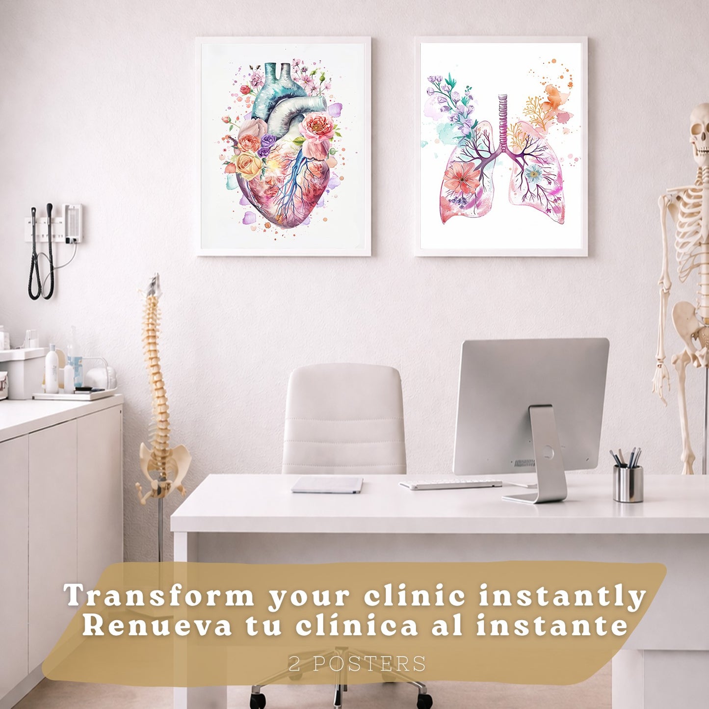 Set 2 Cuadros de Anatomía Humana Láminas con Corazón y Sistema Respiratorio Estilo Moderno Floral