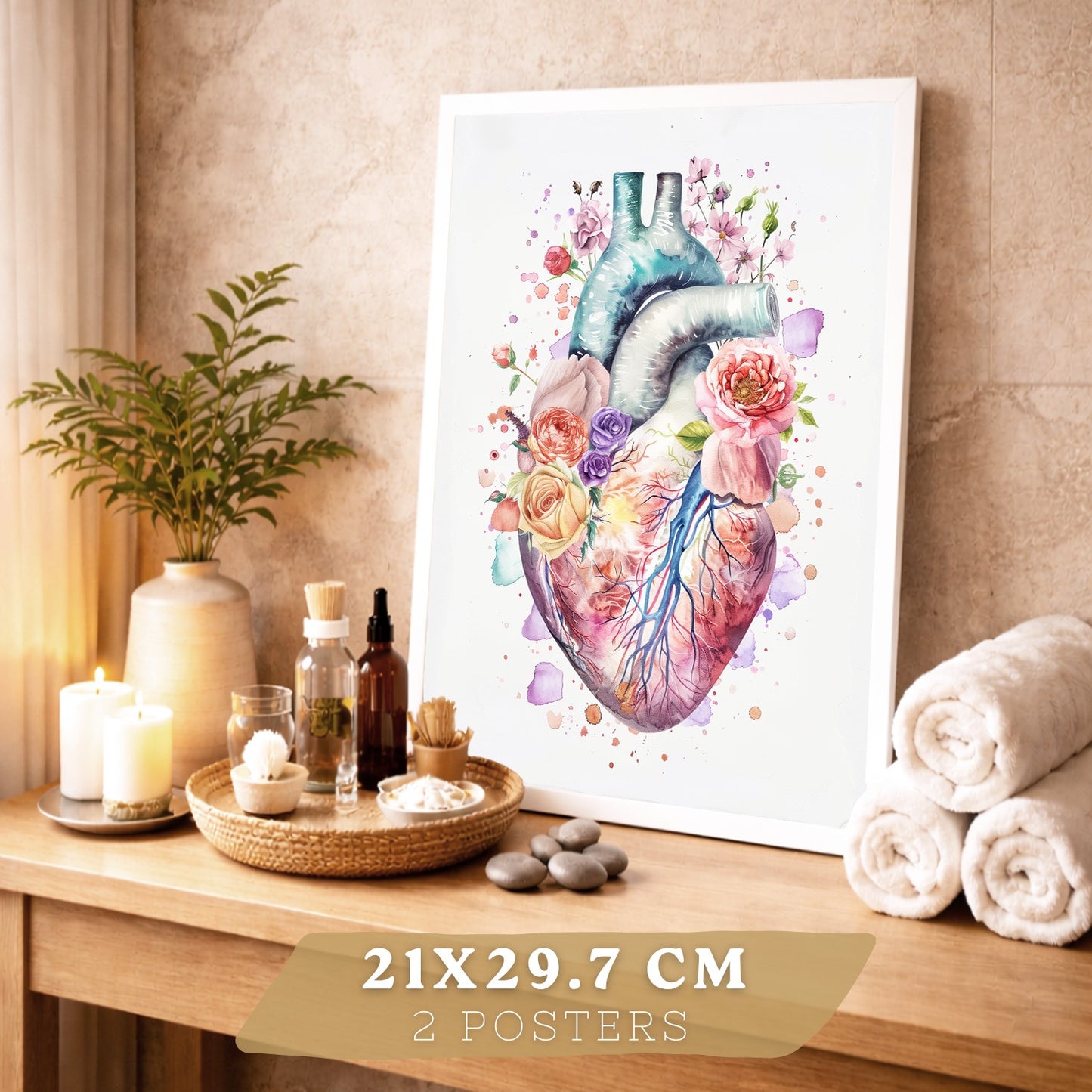 Set 2 Cuadros de Anatomía Humana Láminas con Corazón y Sistema Respiratorio Estilo Moderno Floral