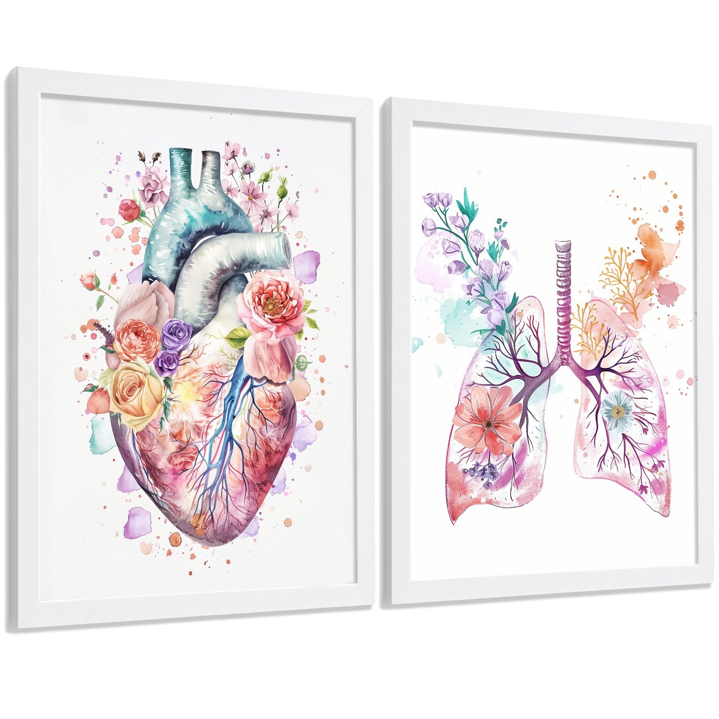 Set 2 Cuadros de Anatomía Humana Láminas con Corazón y Sistema Respiratorio Estilo Moderno Floral