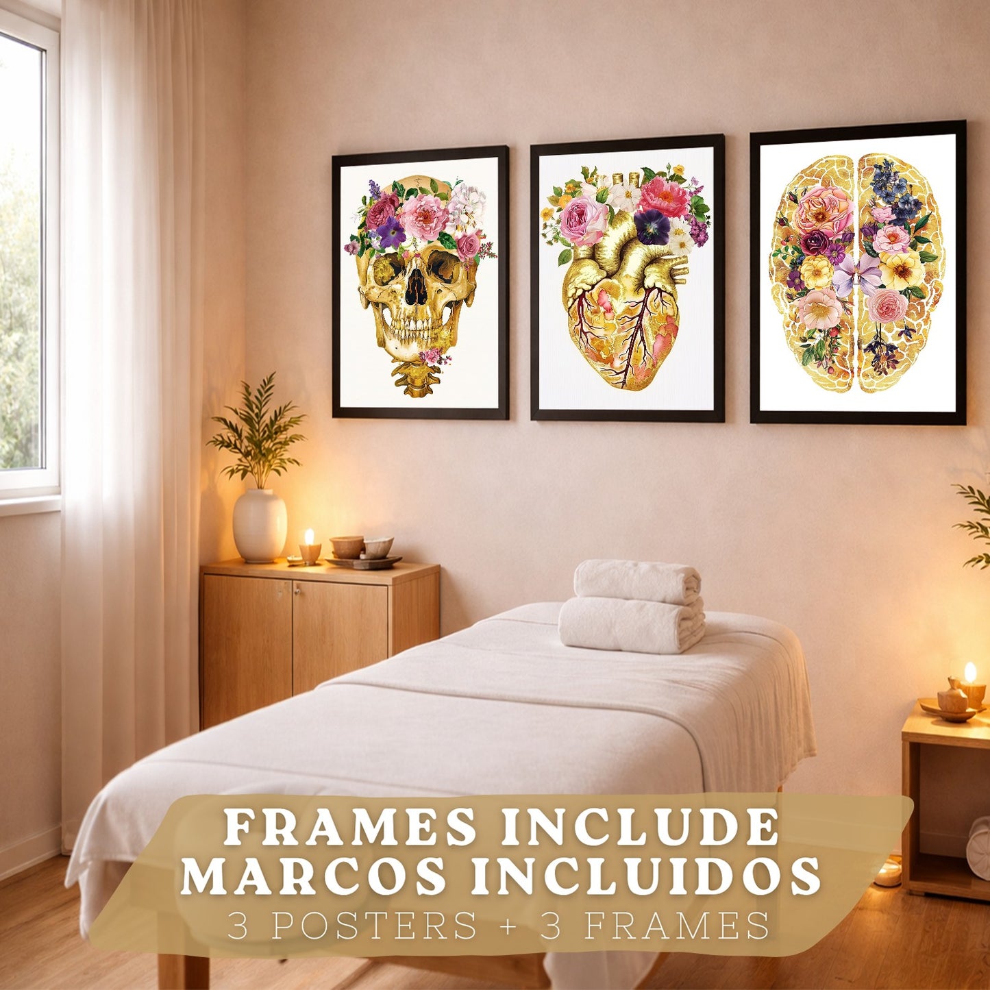 Set 3 Cuadros Decorativos de Anatomía Humana Láminas y Posters con Cráneo Cerebro y Corazón Ilustración Dorada Floral Diseño Artístico