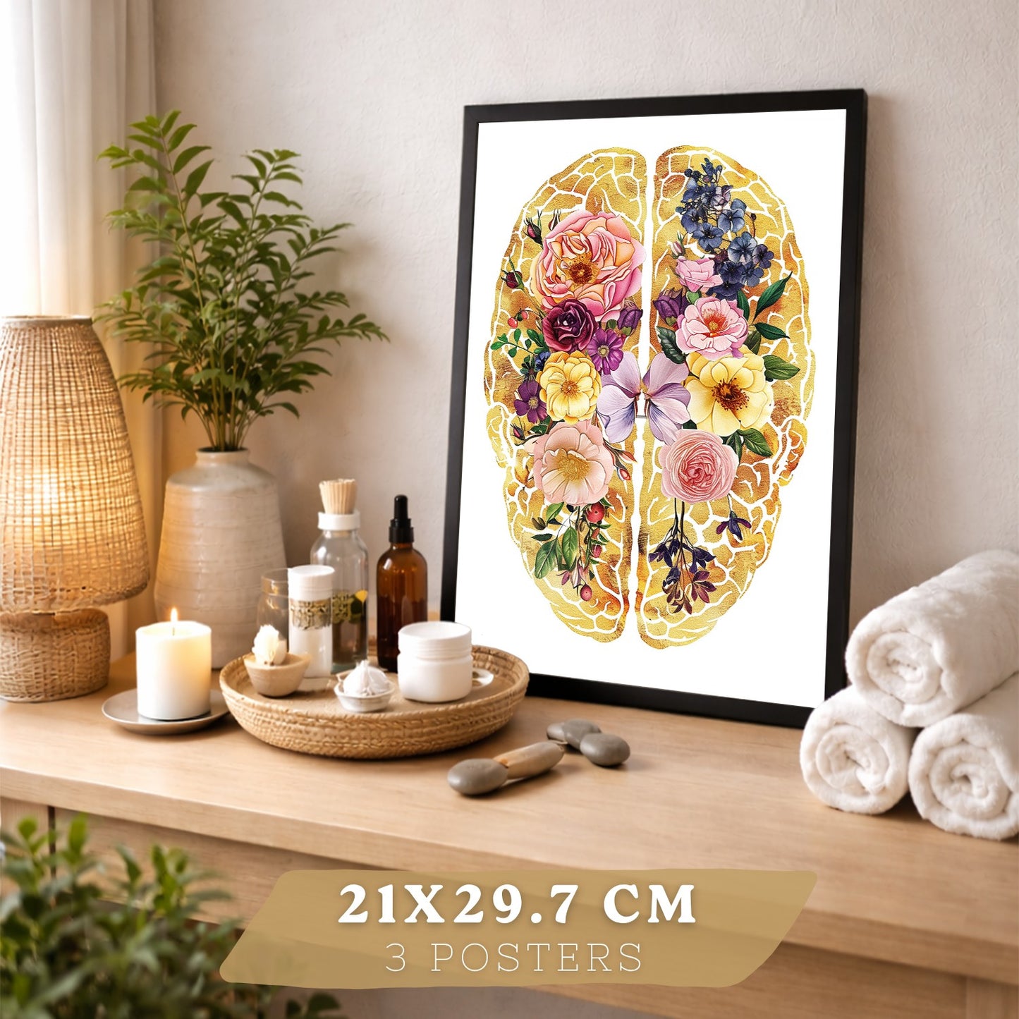 Set 3 Cuadros Decorativos de Anatomía Humana Láminas y Posters con Cráneo Cerebro y Corazón Ilustración Dorada Floral Diseño Artístico