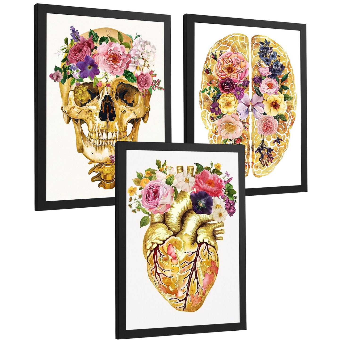 Set 3 Cuadros Decorativos de Anatomía Humana Láminas y Posters con Cráneo Cerebro y Corazón Ilustración Dorada Floral Diseño Artístico