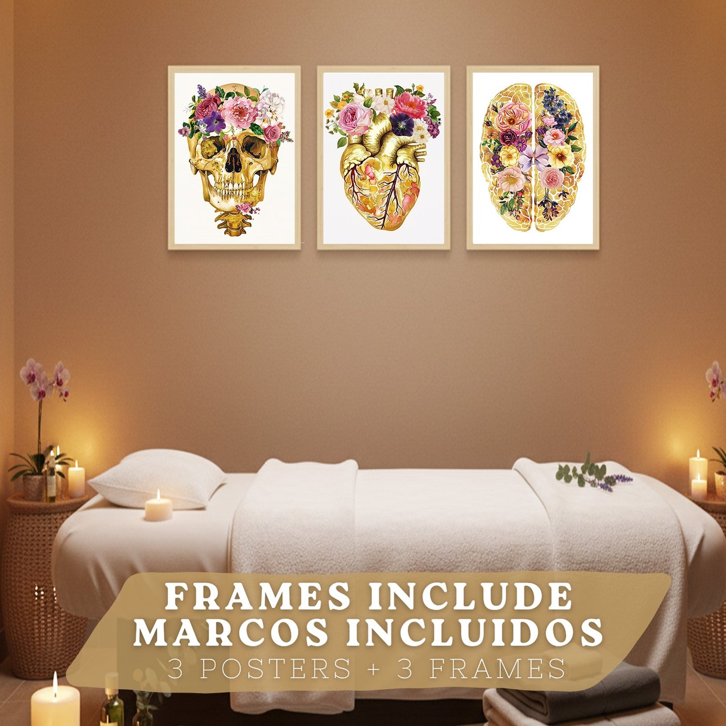 Set 3 Cuadros Decorativos de Anatomía Humana Láminas y Posters con Cráneo Cerebro y Corazón Ilustración Dorada Floral Diseño Artístico