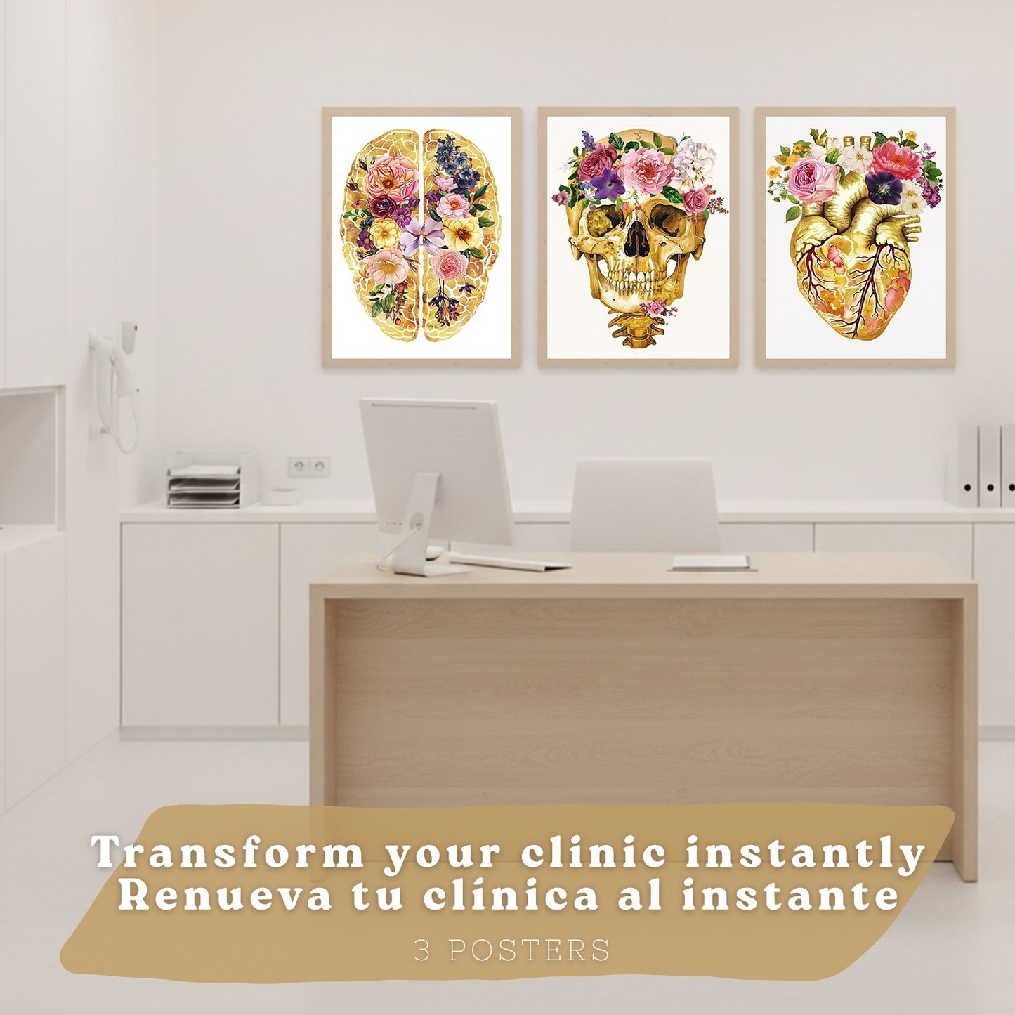 Set 3 Cuadros Decorativos de Anatomía Humana Láminas y Posters con Cráneo Cerebro y Corazón Ilustración Dorada Floral Diseño Artístico