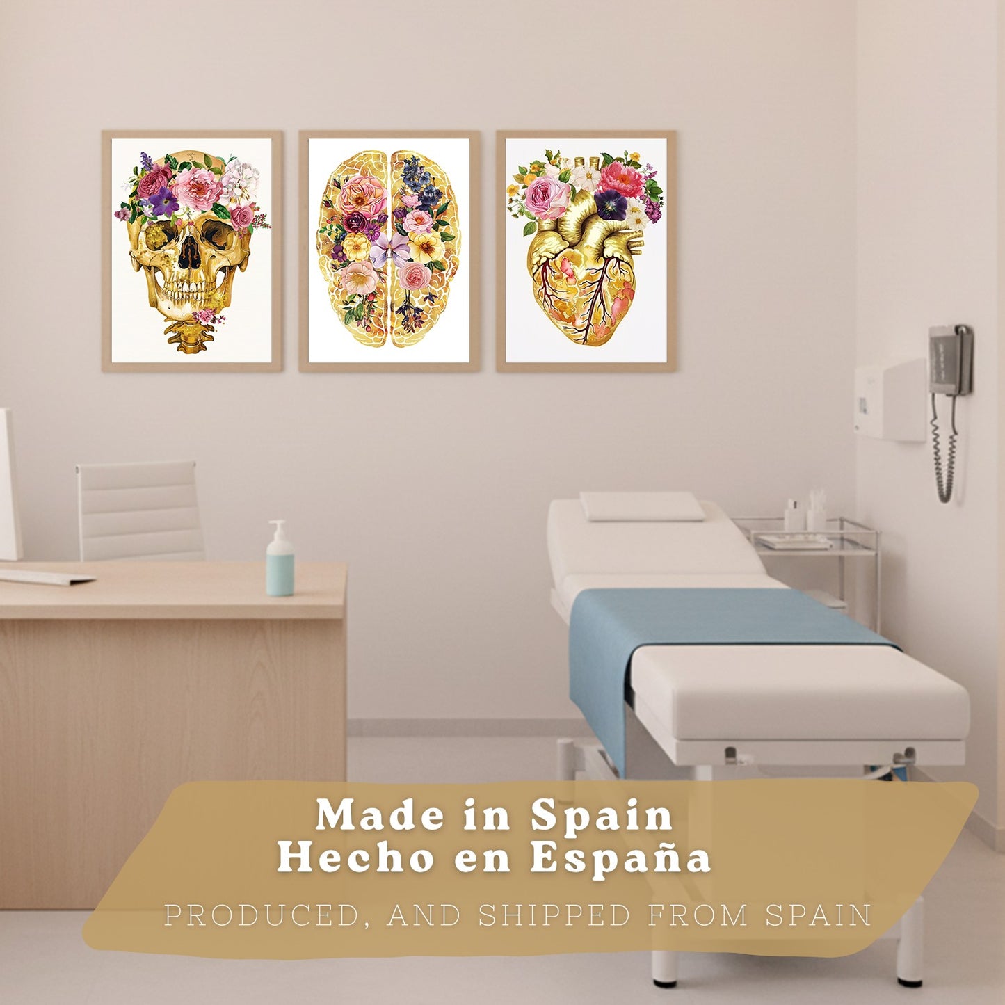 Set 3 Cuadros Decorativos de Anatomía Humana Láminas y Posters con Cráneo Cerebro y Corazón Ilustración Dorada Floral Diseño Artístico