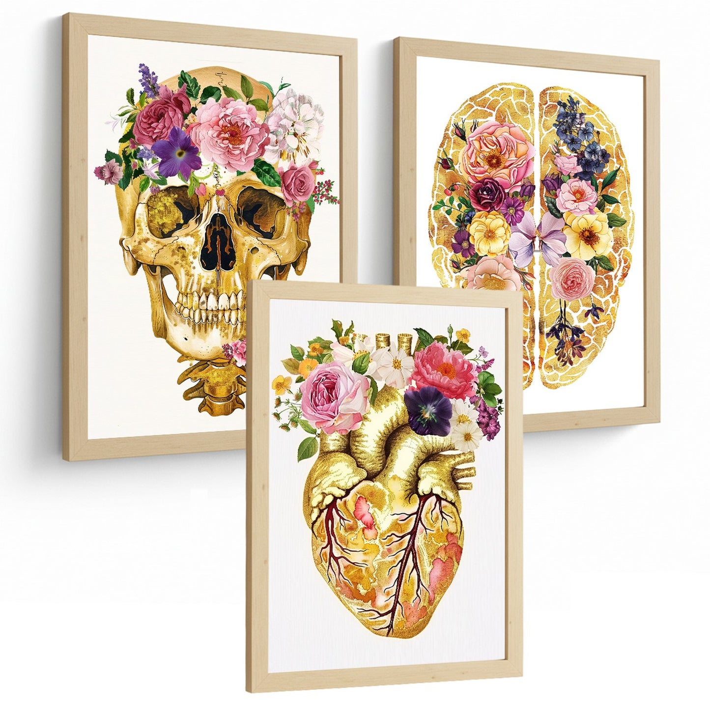 Set 3 Cuadros Decorativos de Anatomía Humana Láminas y Posters con Cráneo Cerebro y Corazón Ilustración Dorada Floral Diseño Artístico