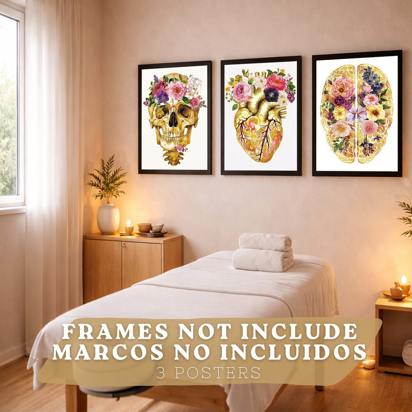 Set 3 Cuadros Decorativos de Anatomía Humana Láminas y Posters con Cráneo Cerebro y Corazón Ilustración Dorada Floral Diseño Artístico