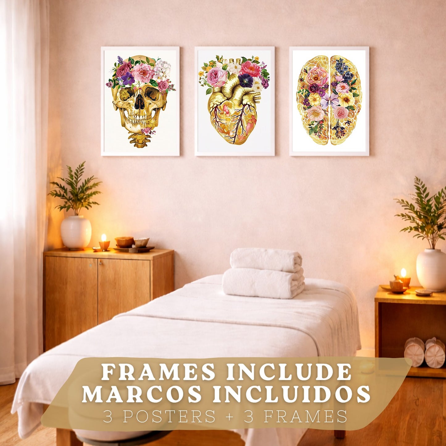 Set 3 Cuadros Decorativos de Anatomía Humana Láminas y Posters con Cráneo Cerebro y Corazón Ilustración Dorada Floral Diseño Artístico