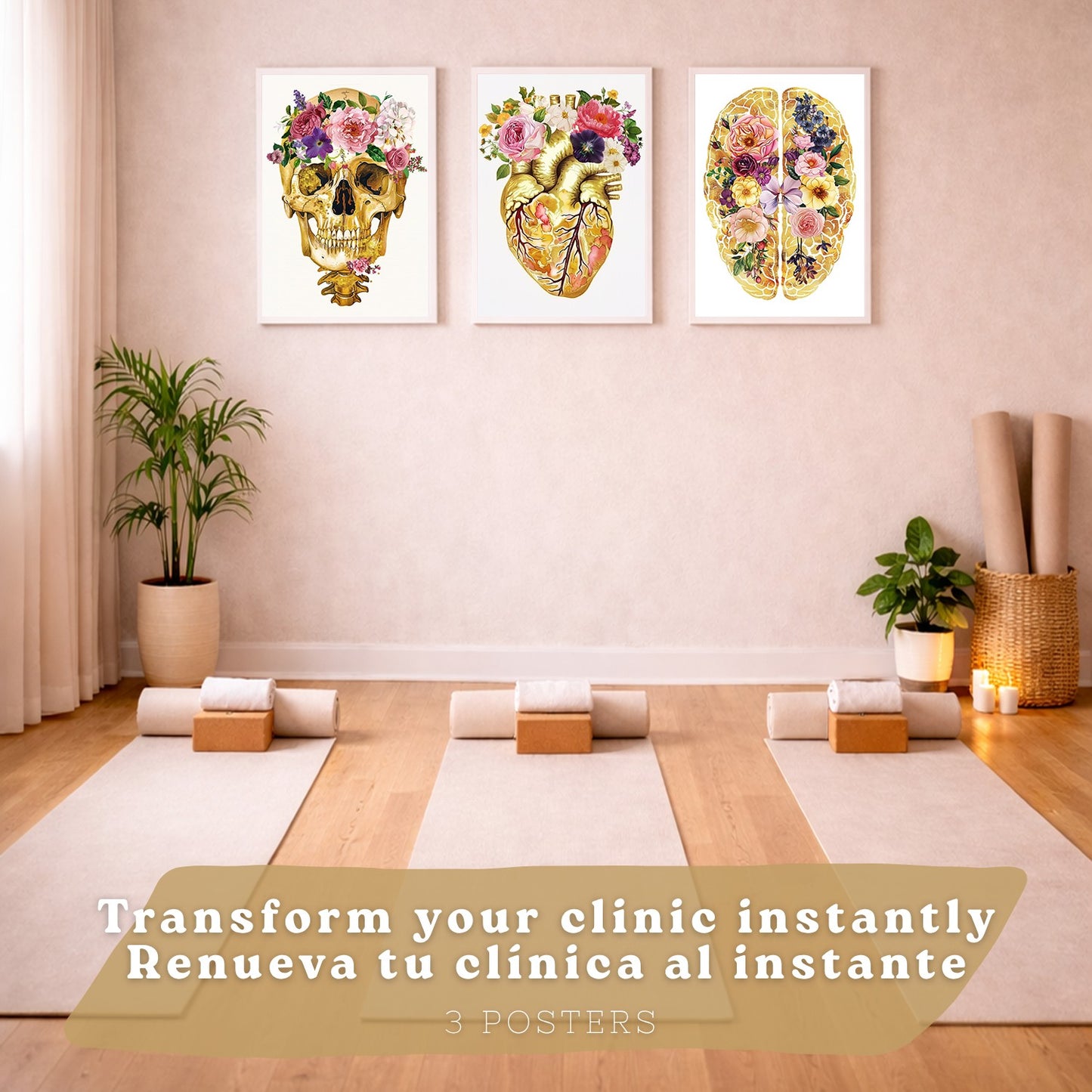 Set 3 Cuadros Decorativos de Anatomía Humana Láminas y Posters con Cráneo Cerebro y Corazón Ilustración Dorada Floral Diseño Artístico