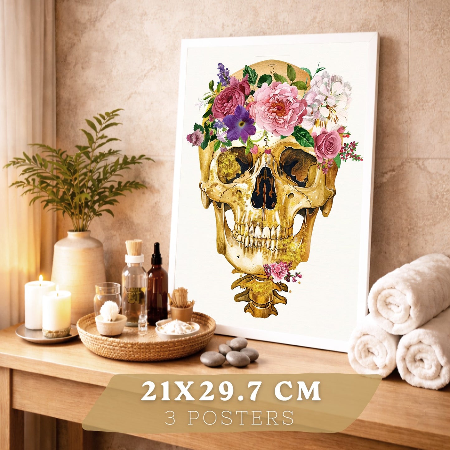 Set 3 Cuadros Decorativos de Anatomía Humana Láminas y Posters con Cráneo Cerebro y Corazón Ilustración Dorada Floral Diseño Artístico
