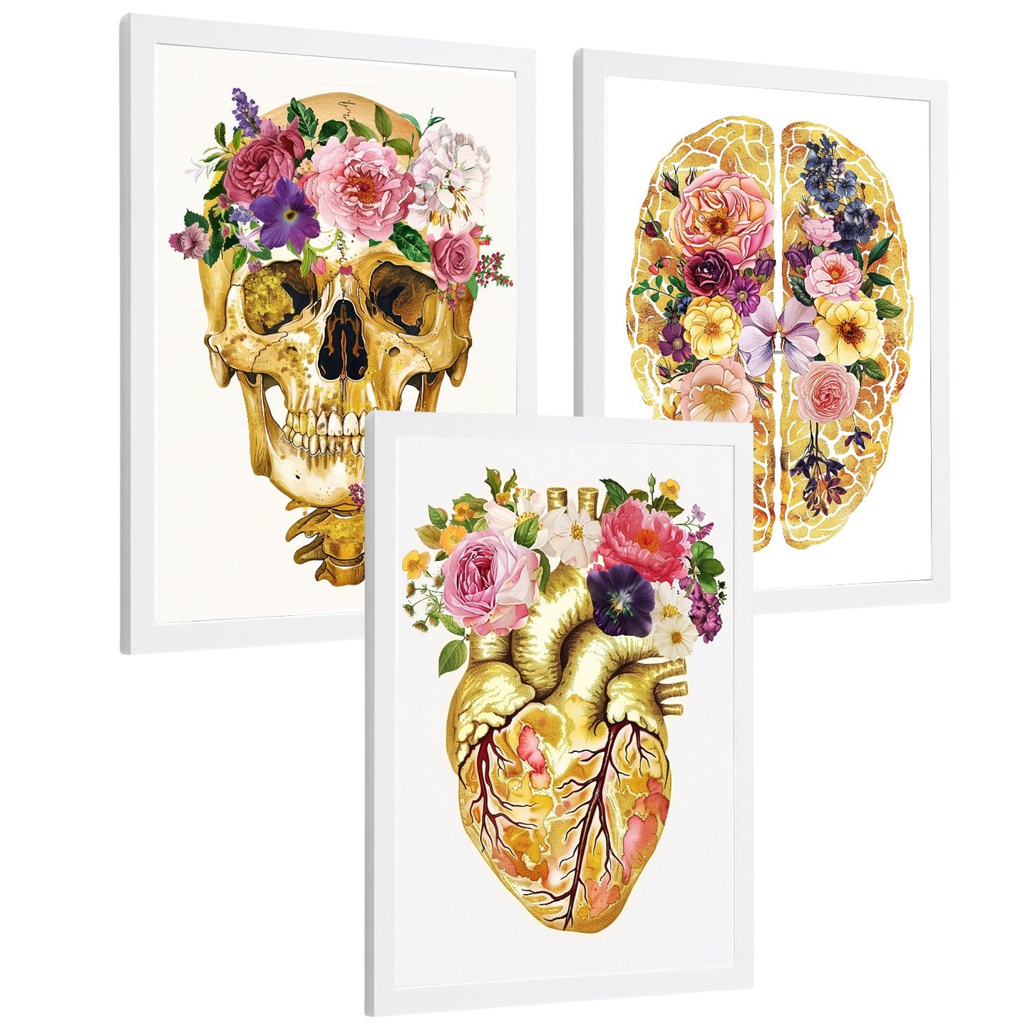 Set 3 Cuadros Decorativos de Anatomía Humana Láminas y Posters con Cráneo Cerebro y Corazón Ilustración Dorada Floral Diseño Artístico