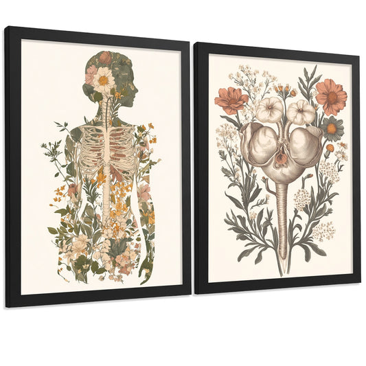 Set 2 Láminas de Anatomía Humana Posters y Cuadros con Silueta Femenina y Sistema Reproductor Estilo Botánico Vintage