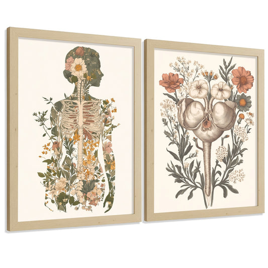 Set 2 Láminas de Anatomía Humana Posters y Cuadros con Silueta Femenina y Sistema Reproductor Estilo Botánico Vintage