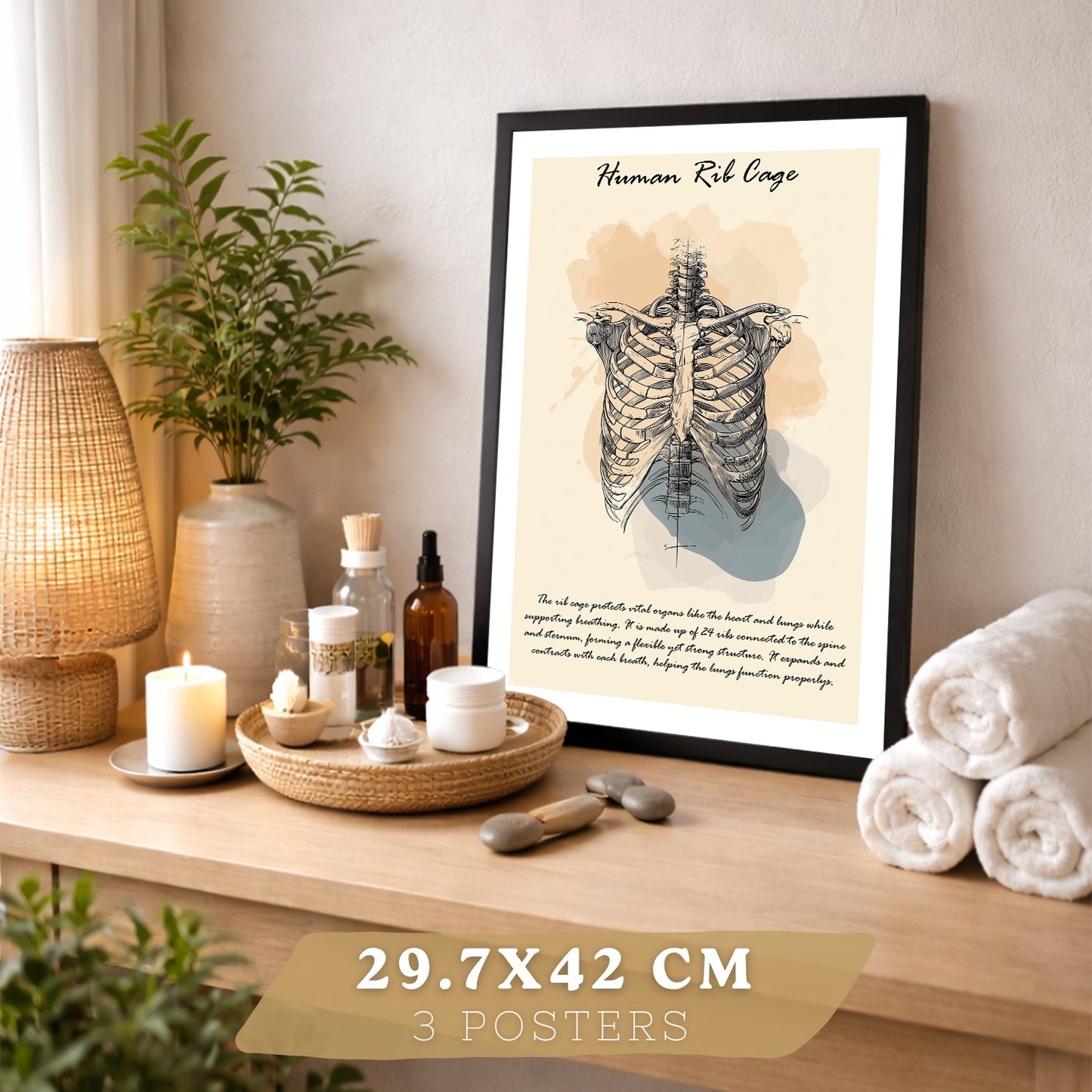 Set 3 Cuadros Decoración para Pared Anatomía Humana Posters Educativos Músculos Espalda Caja Torácica Cráneo