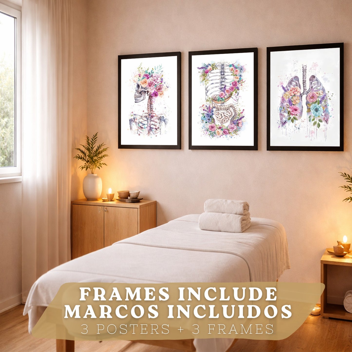 Set 3 Láminas Decorativas de Anatomía Posters y Cuadros con Esqueleto Cráneo Columna Costillas Pulmones y Sistema Digestivo con Estilo Floral Artístico
