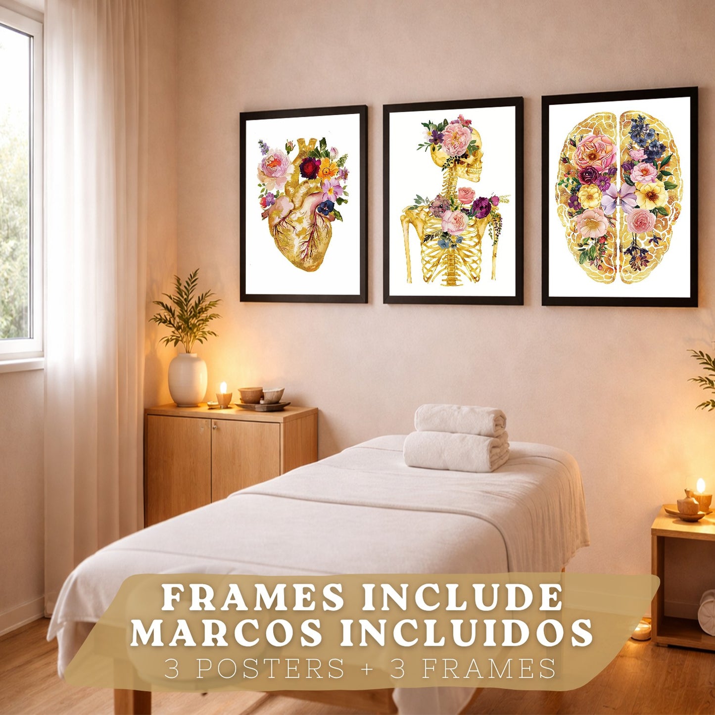 Set 3 Láminas de Anatomía Humana Posters y Cuadros con Corazón Cerebro y Esqueleto Diseño Floral Dorado Elegante