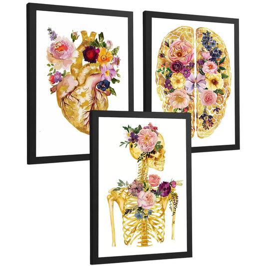 Set 3 Láminas de Anatomía Humana Posters y Cuadros con Corazón Cerebro y Esqueleto Diseño Floral Dorado Elegante