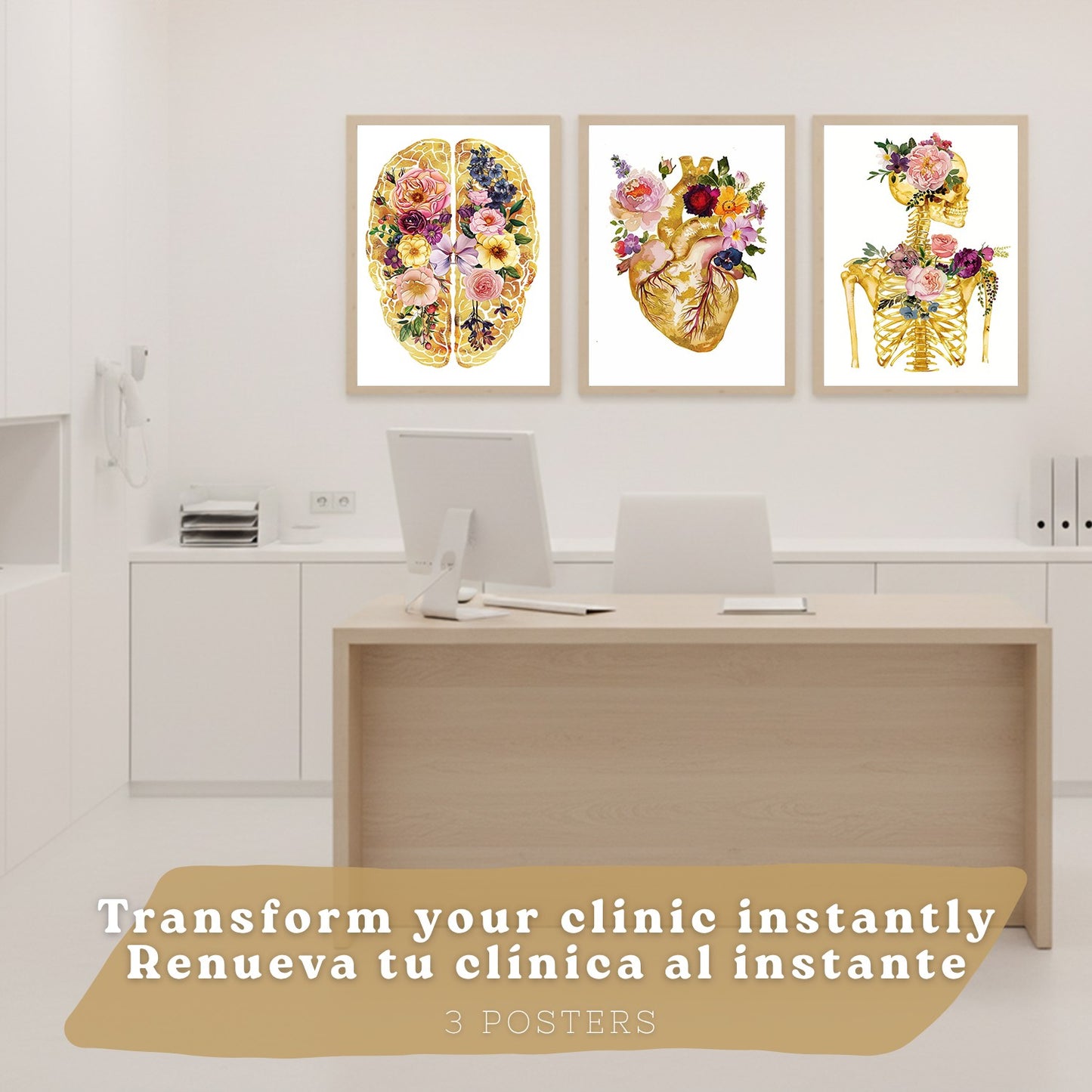 Set 3 Láminas de Anatomía Humana Posters y Cuadros con Corazón Cerebro y Esqueleto Diseño Floral Dorado Elegante