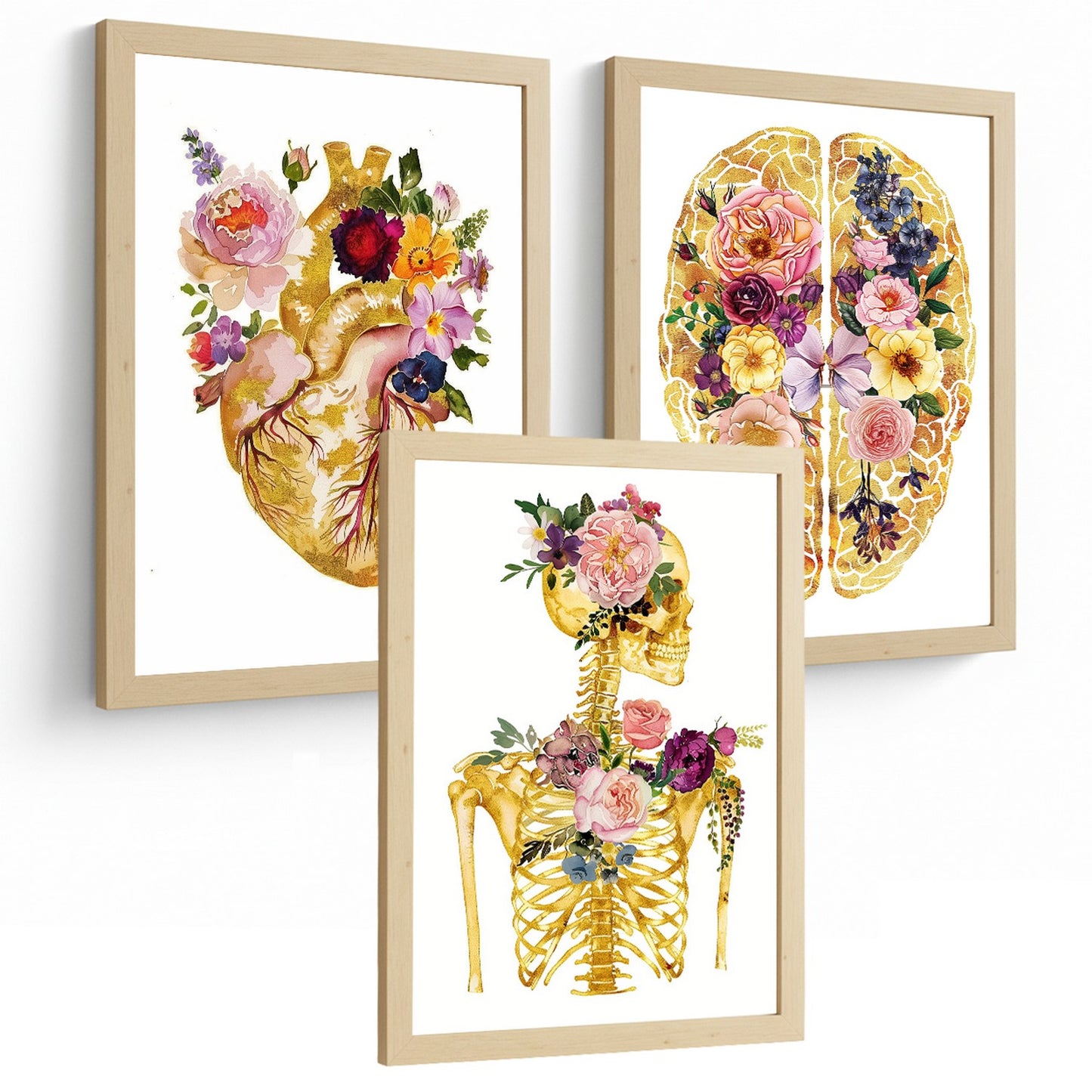 Set 3 Láminas de Anatomía Humana Posters y Cuadros con Corazón Cerebro y Esqueleto Diseño Floral Dorado Elegante