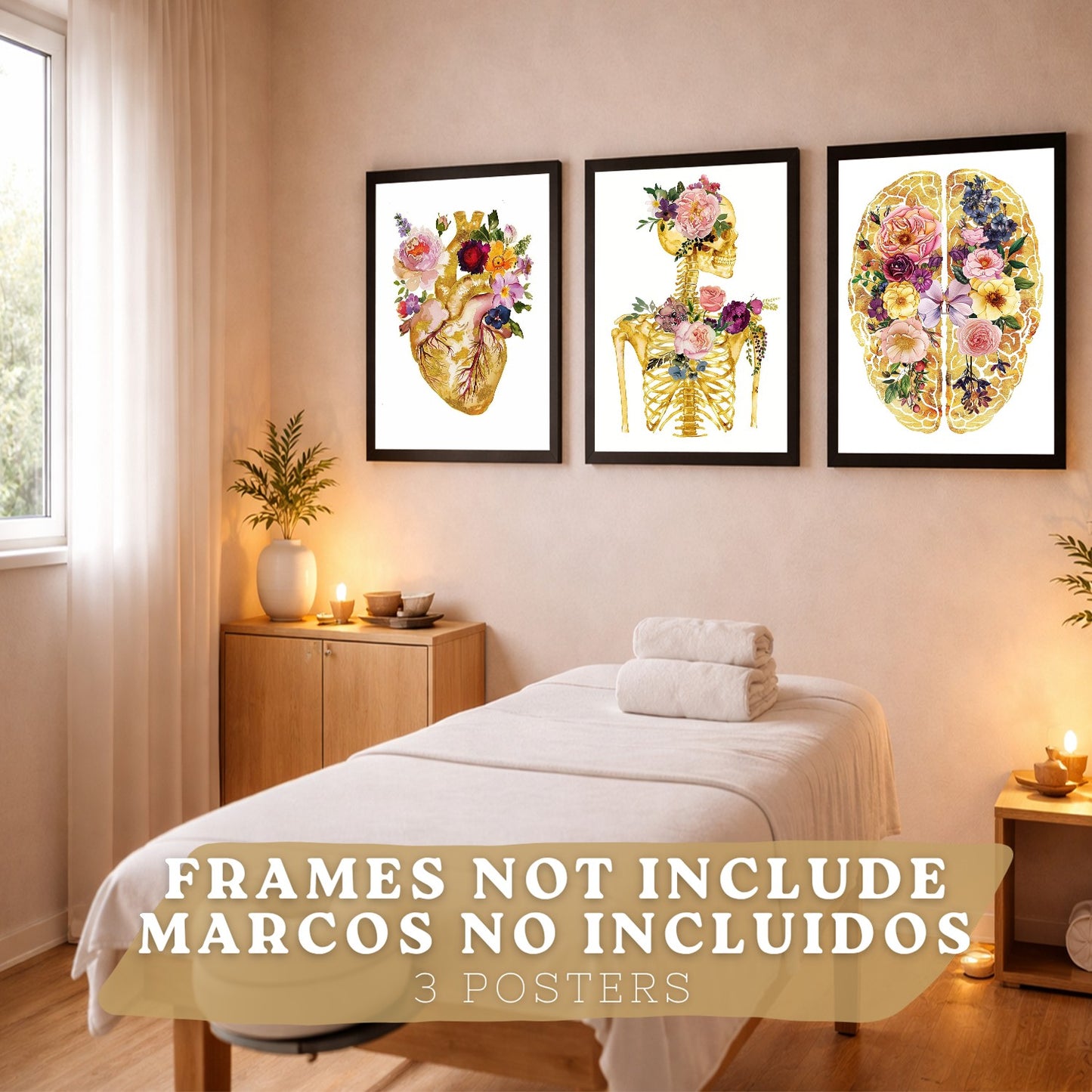 Set 3 Láminas de Anatomía Humana Posters y Cuadros con Corazón Cerebro y Esqueleto Diseño Floral Dorado Elegante