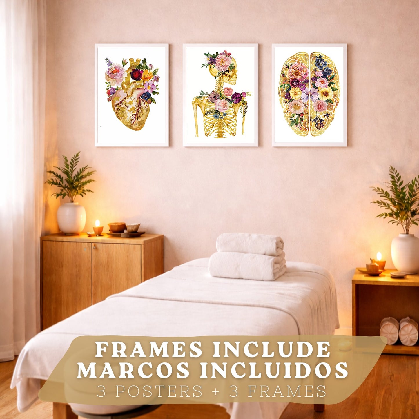Set 3 Láminas de Anatomía Humana Posters y Cuadros con Corazón Cerebro y Esqueleto Diseño Floral Dorado Elegante