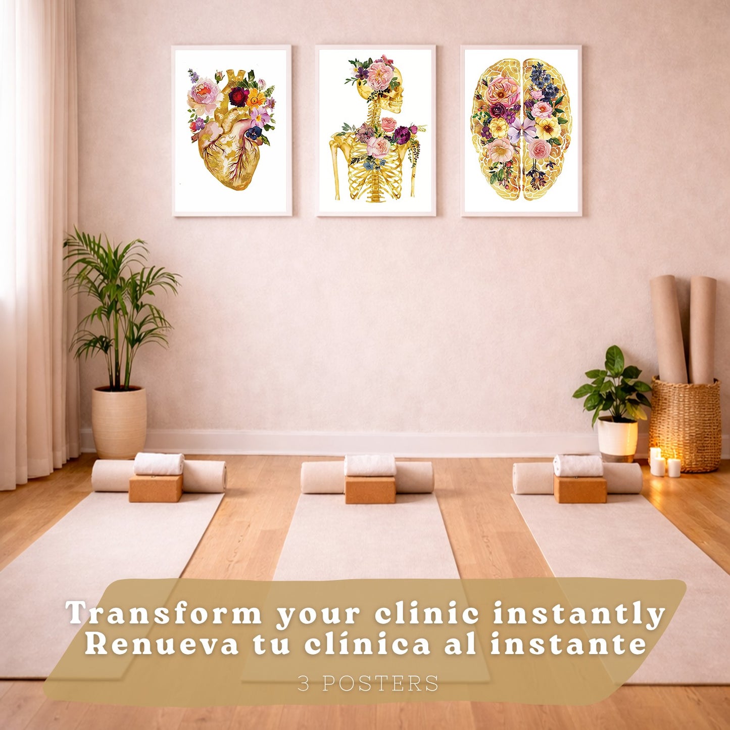 Set 3 Láminas de Anatomía Humana Posters y Cuadros con Corazón Cerebro y Esqueleto Diseño Floral Dorado Elegante