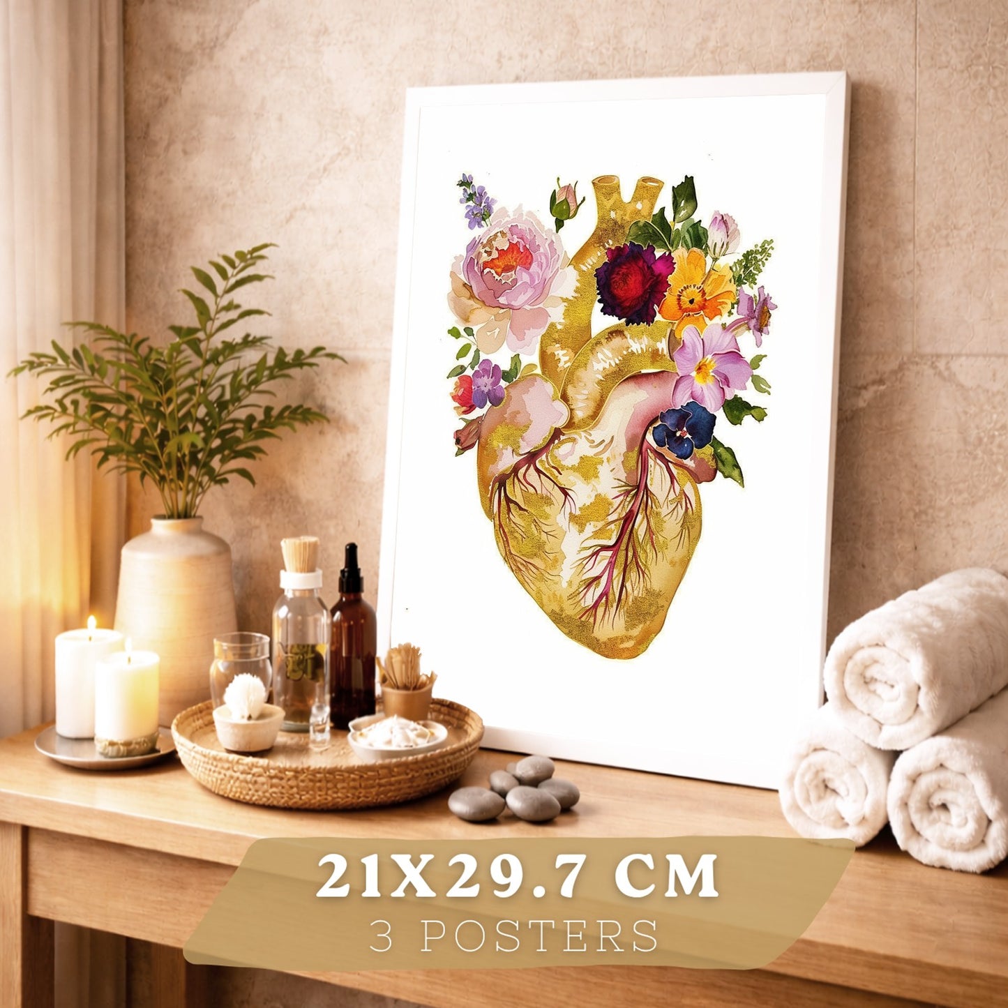 Set 3 Láminas de Anatomía Humana Posters y Cuadros con Corazón Cerebro y Esqueleto Diseño Floral Dorado Elegante