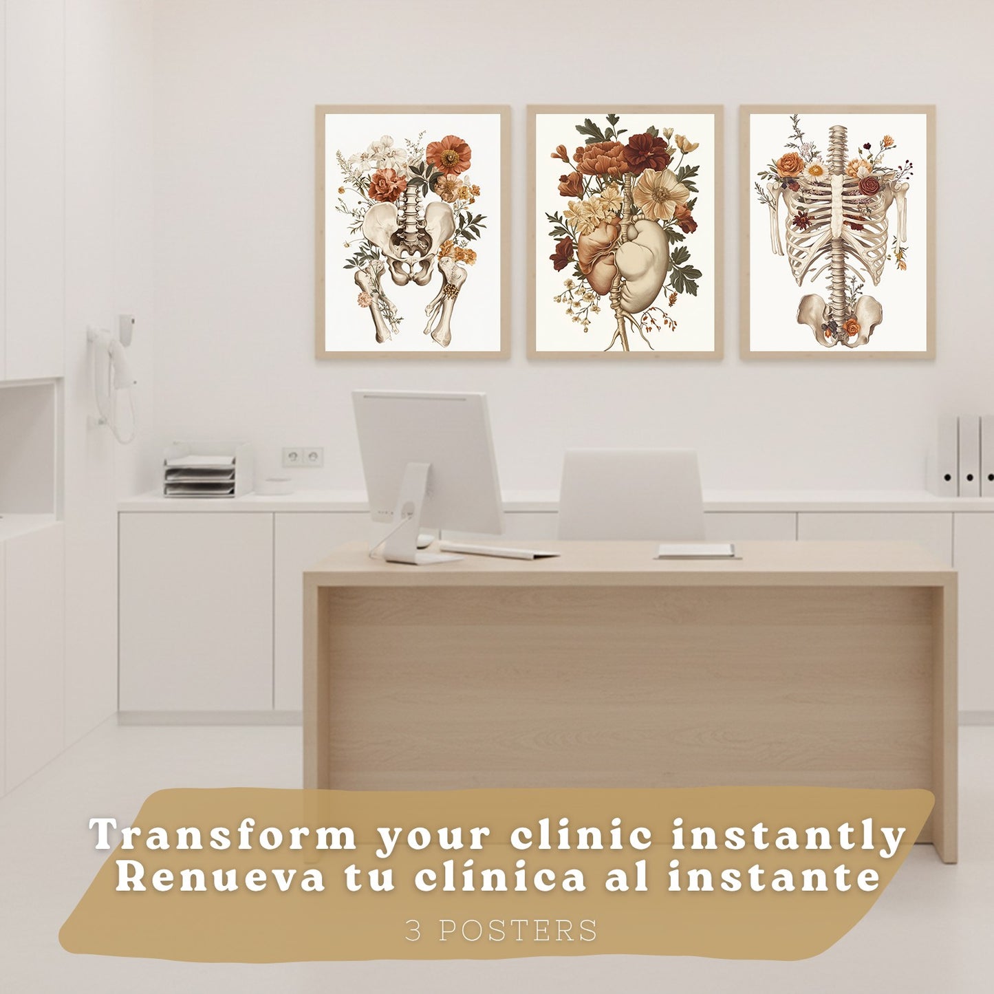Set 3 Cuadros Decorativos de Anatomía Humana Láminas y Posters con Pulmones Tráquea Bronquios Costillas Columna Vertebral y Cráneo Diseño Floral Contemporáneo