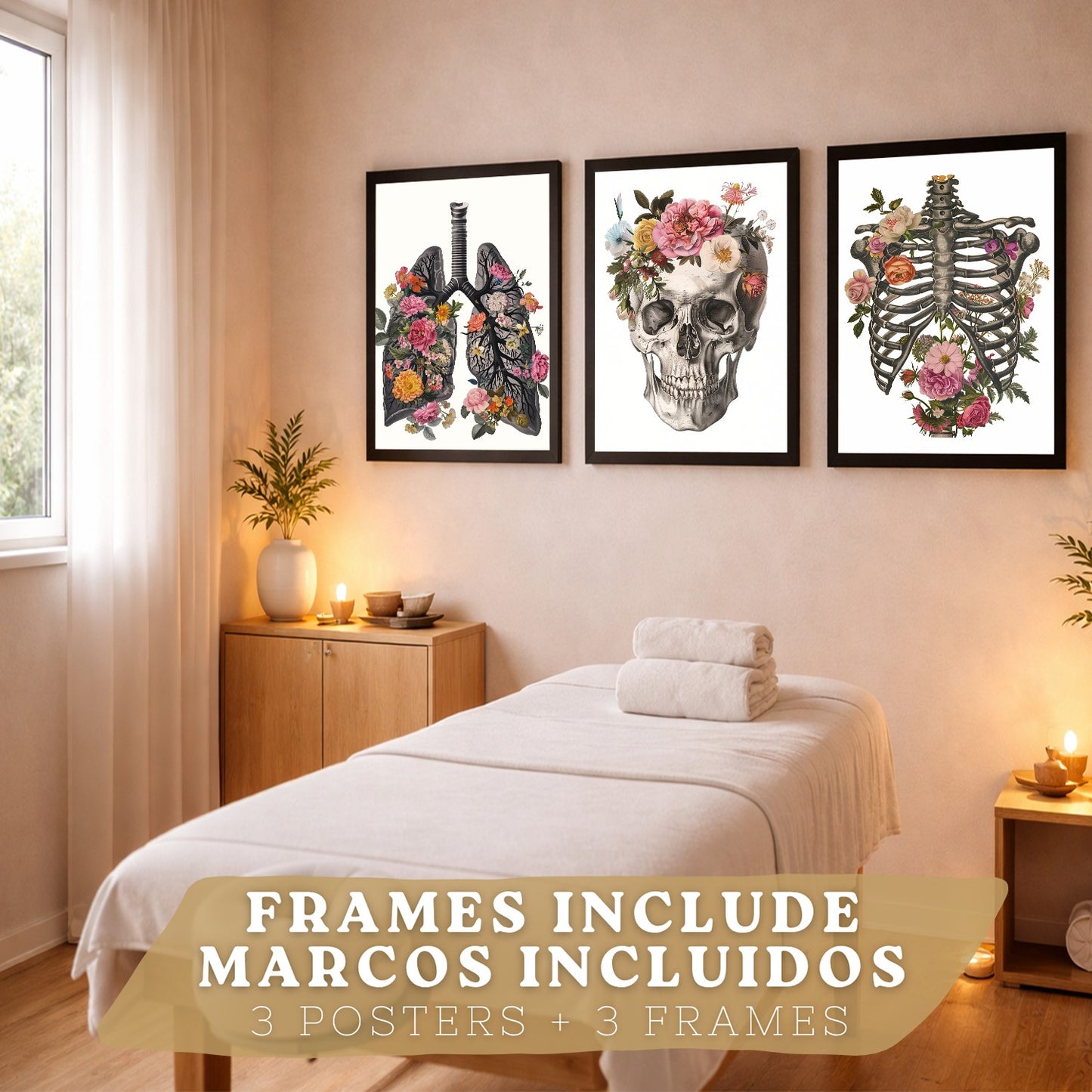 Set 3 Cuadros Decorativos de Anatomía Humana Láminas y Posters con Pulmones Tráquea Bronquios Costillas Columna Vertebral y Cráneo Diseño Floral Contemporáneo