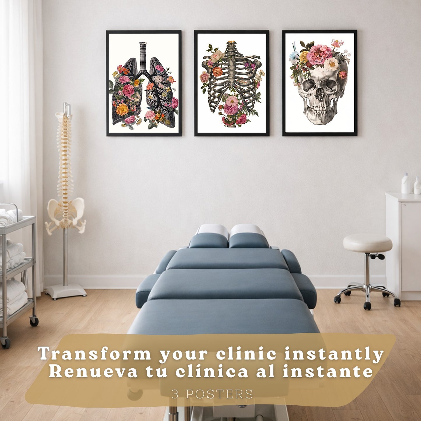 Set 3 Cuadros Decorativos de Anatomía Humana Láminas y Posters con Pulmones Tráquea Bronquios Costillas Columna Vertebral y Cráneo Diseño Floral Contemporáneo