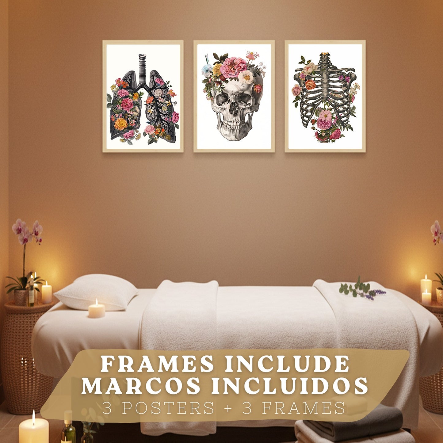 Set 3 Cuadros Decorativos de Anatomía Humana Láminas y Posters con Pulmones Tráquea Bronquios Costillas Columna Vertebral y Cráneo Diseño Floral Contemporáneo
